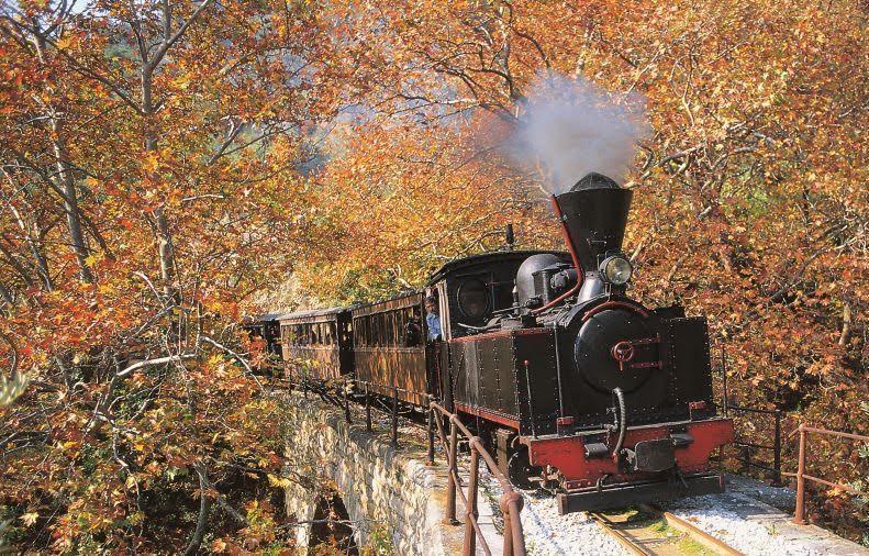 The Pelion steam train among the mountain scenery